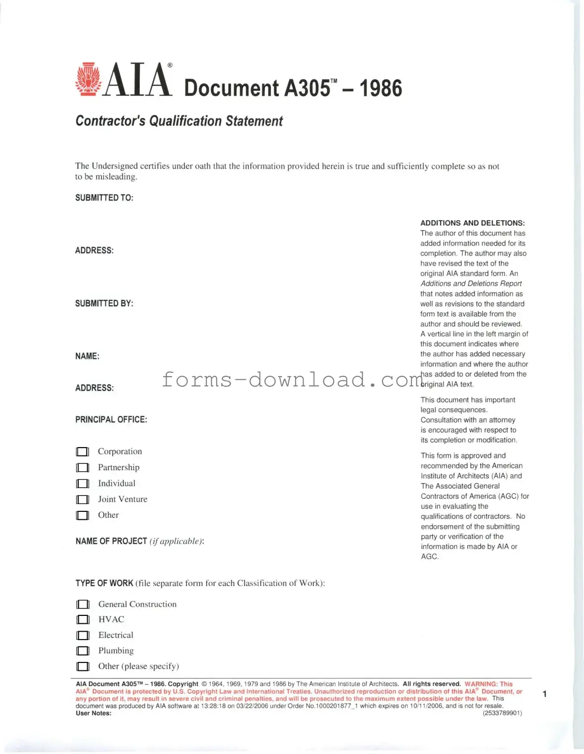 Blank AIA A305 Form