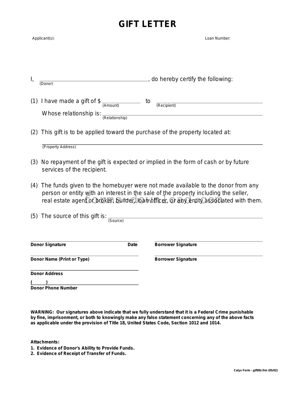 Blank Gift Letter Form