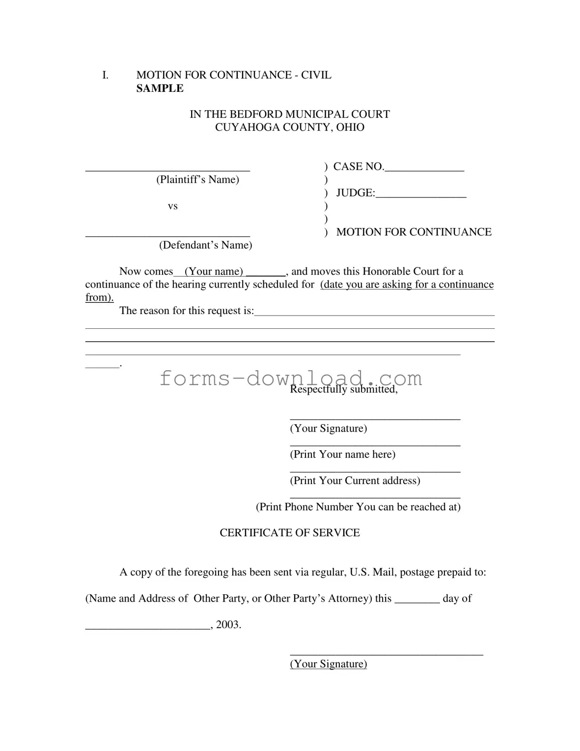 Blank Motion For Continuance Form
