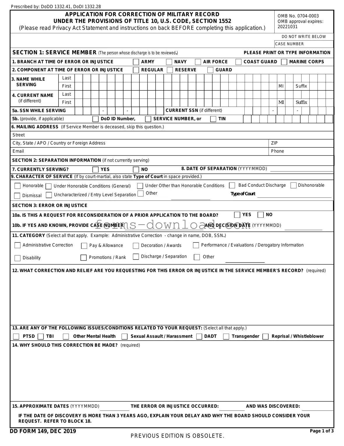 Blank DD 149 Form