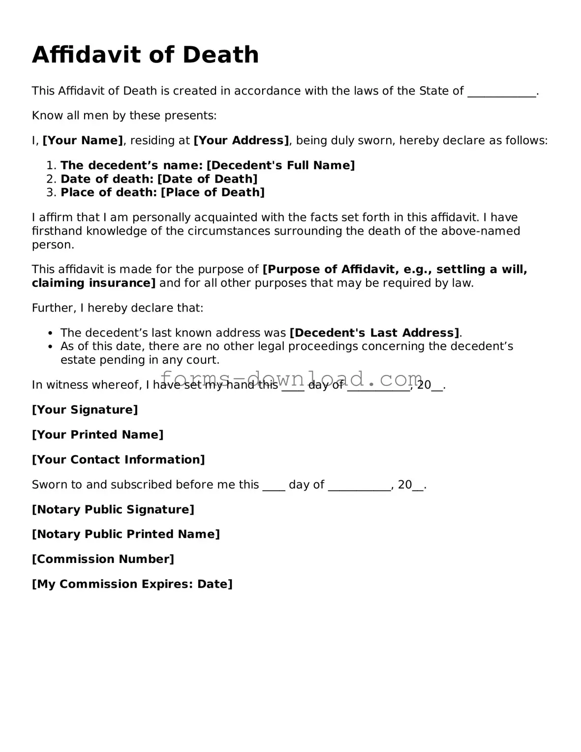 Fillable Affidavit of Death Form