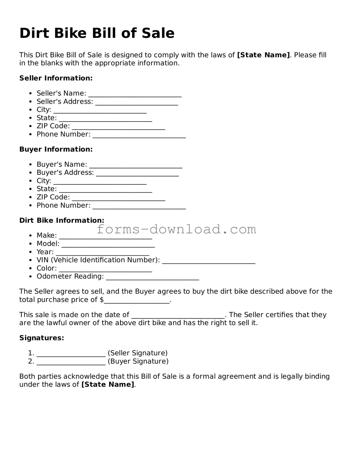 Fillable Dirt Bike Bill of Sale Form