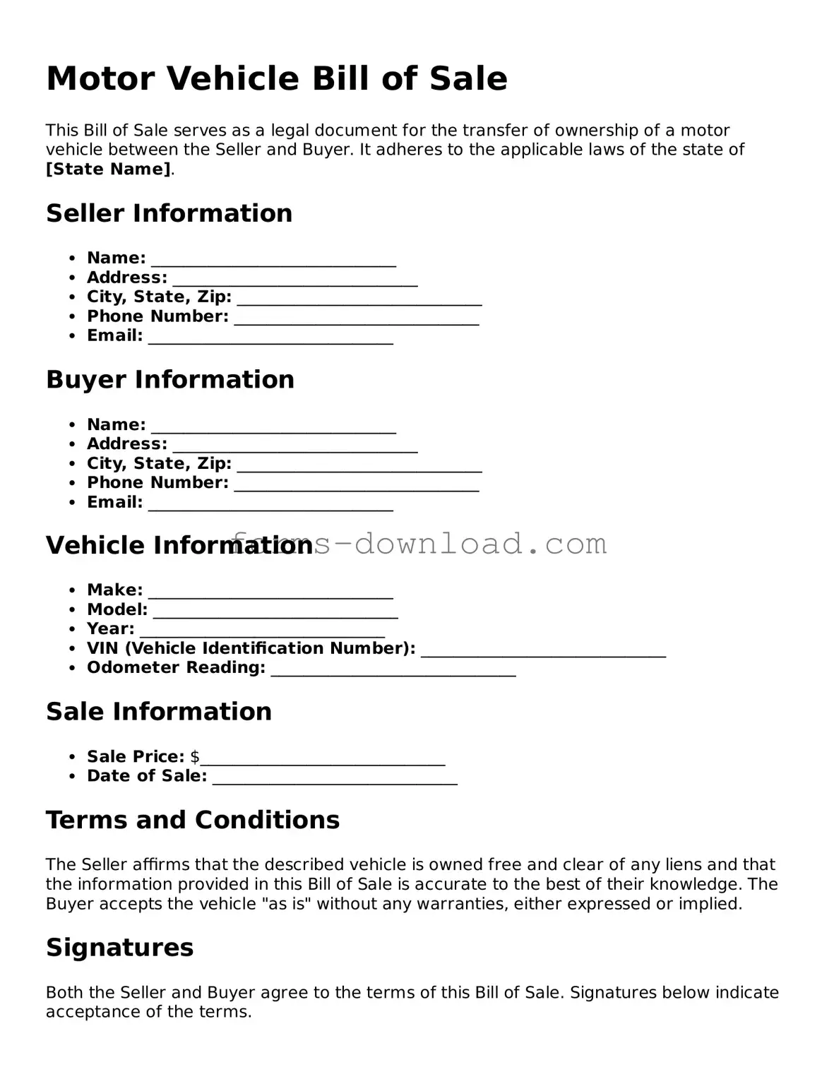 Fillable Motor Vehicle Bill of Sale Form