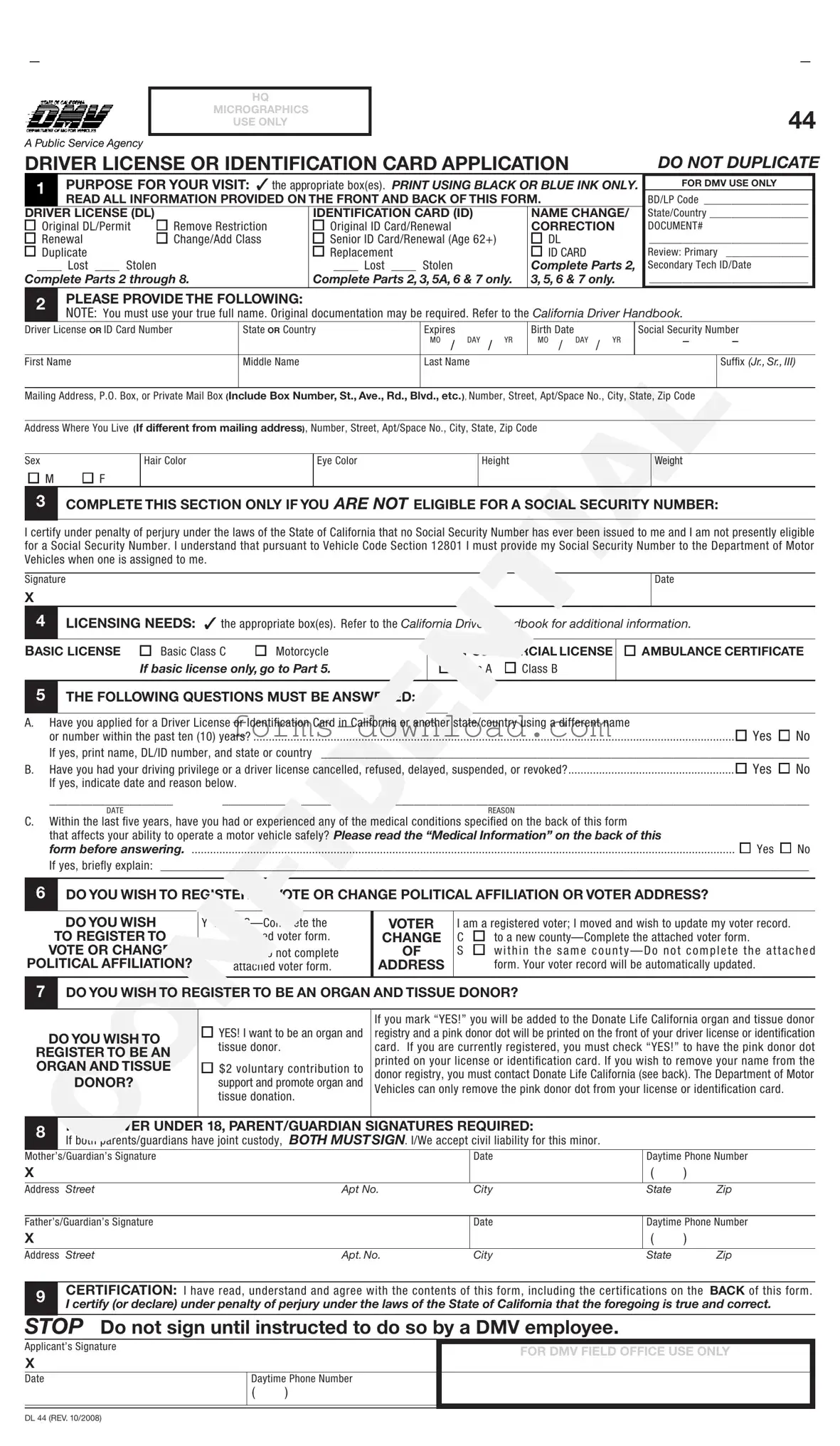 Blank Ca Dmv Dl 44 Form