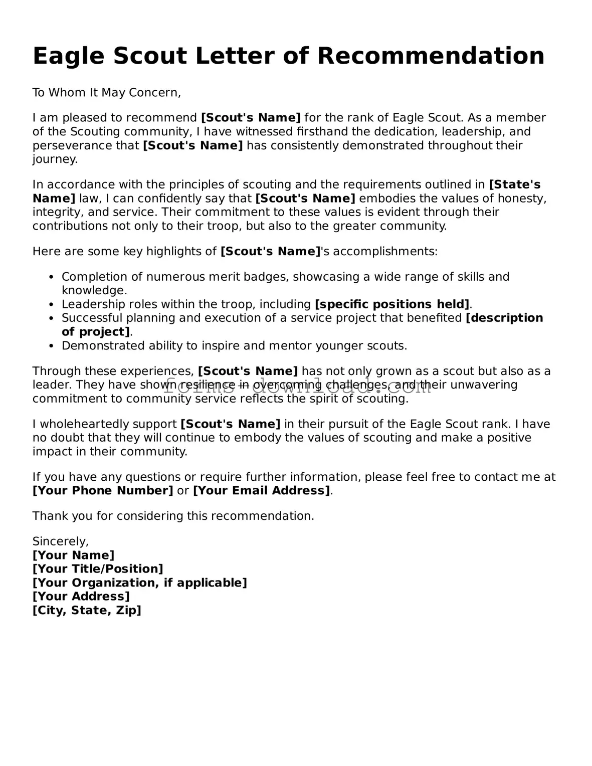 Fillable Eagle Scout Letter of Recommendation Form