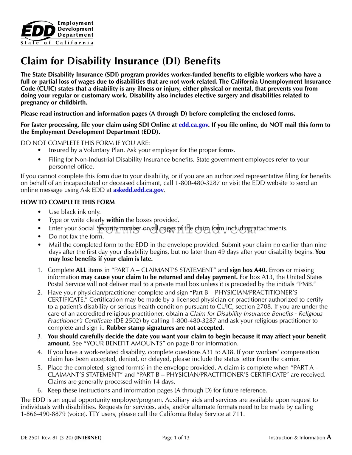 Blank EDD DE 2501 Form