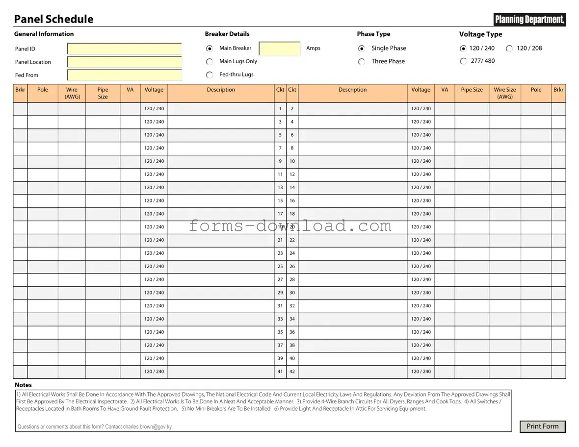 Blank Electrical Panel Schedule Form
