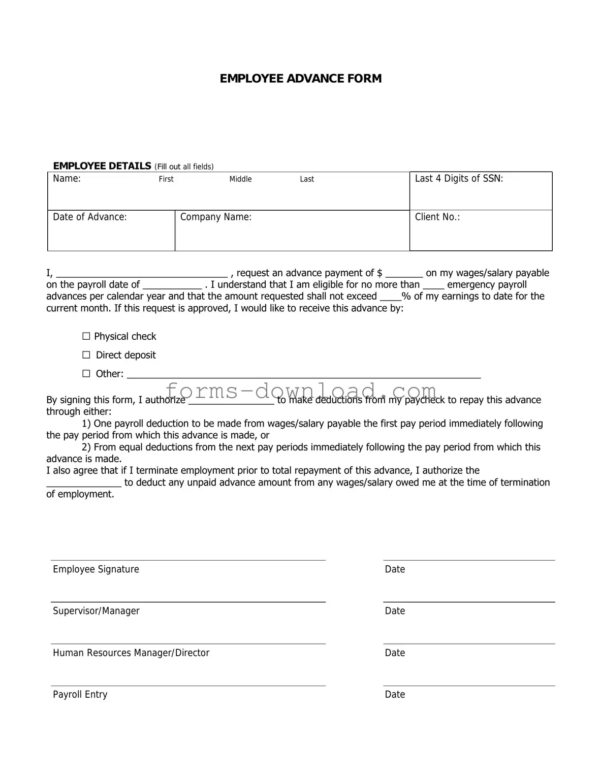 Blank Employee Advance Form