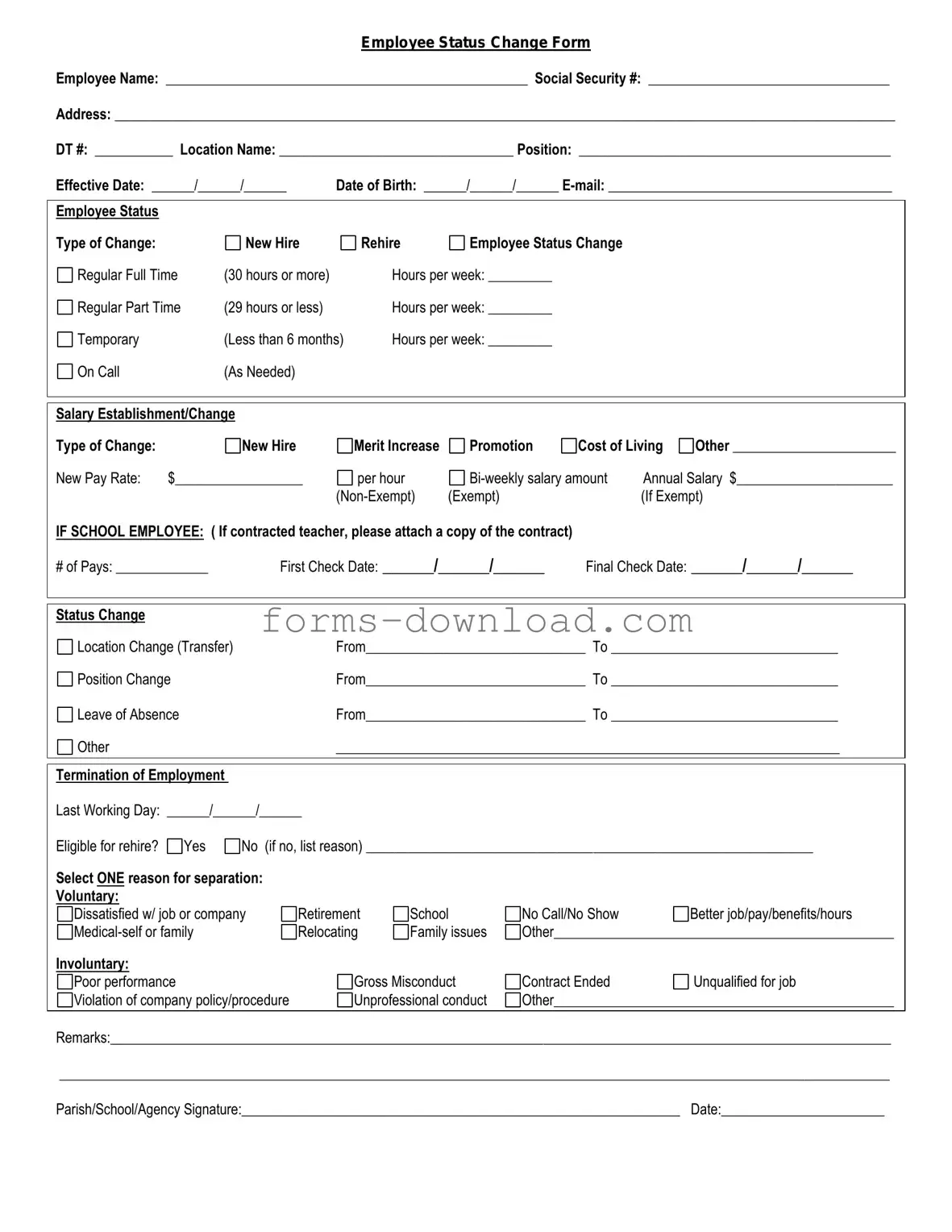 Blank Employee Status Change Form