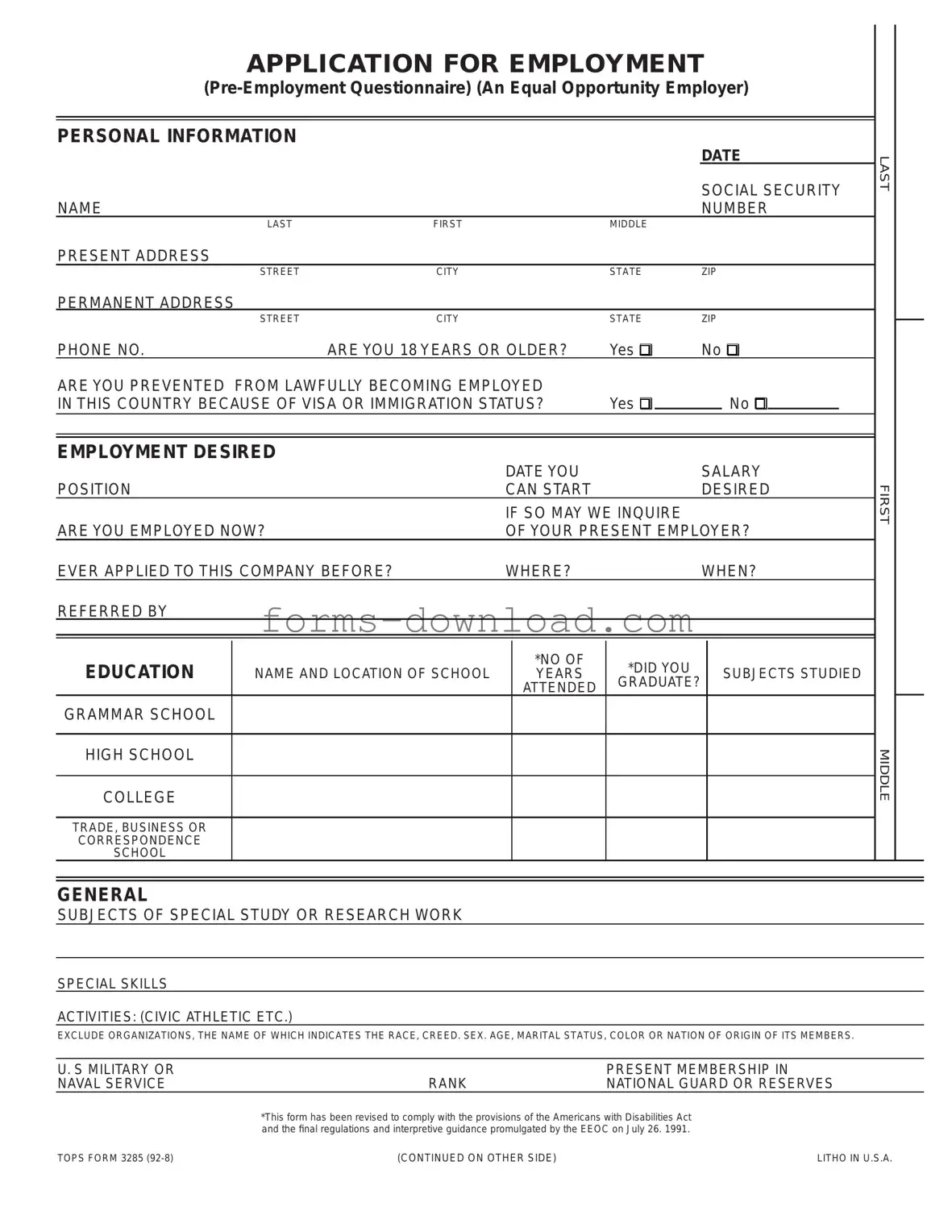 Blank Employment Application Pdf Form