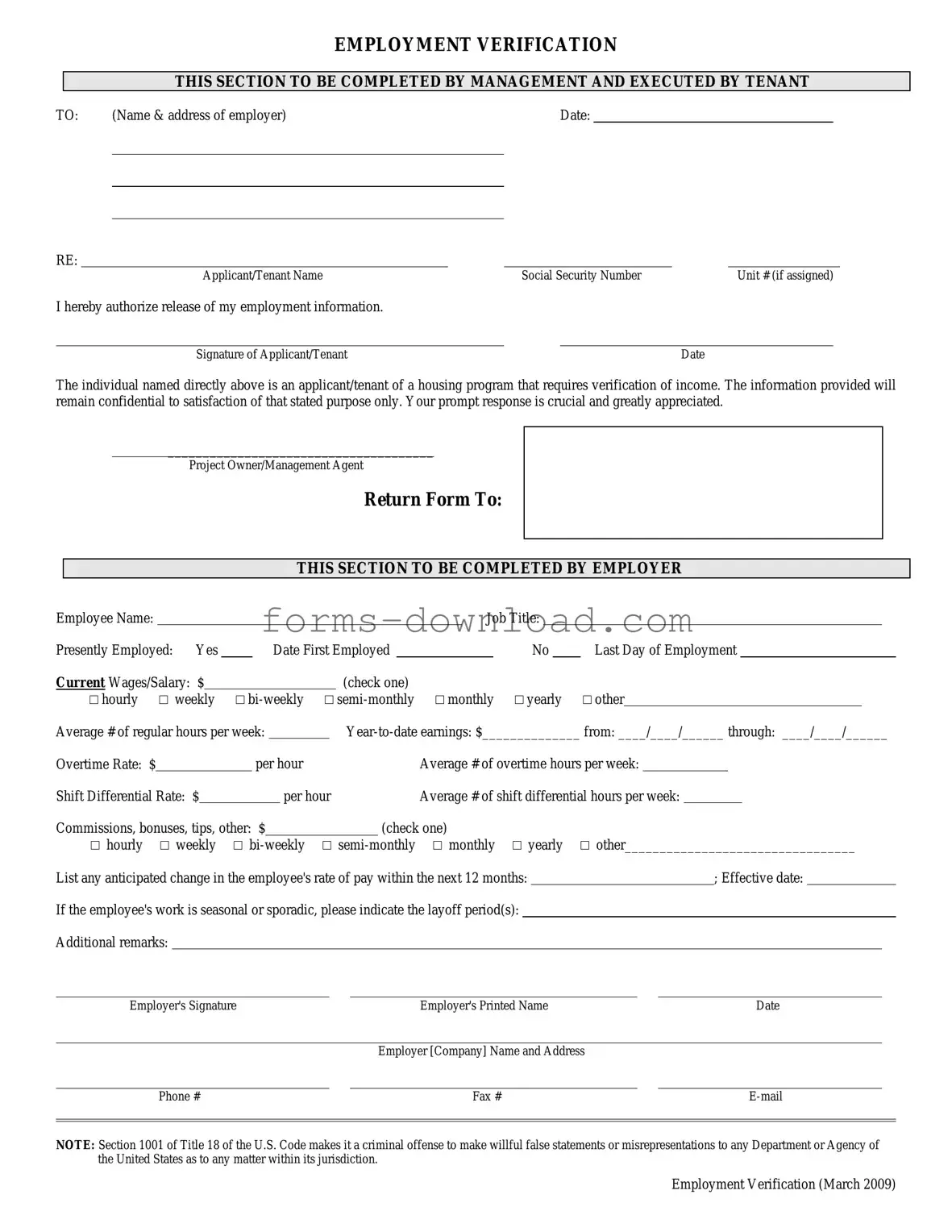 Blank Employment verification form Form