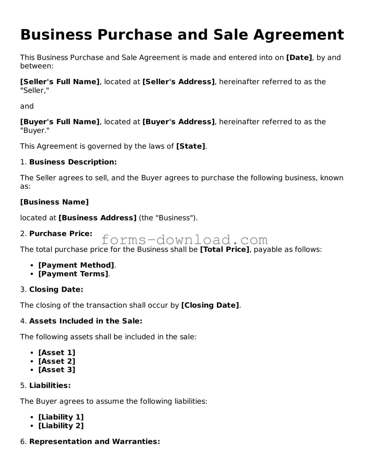 Fillable Business Purchase and Sale Agreement Form
