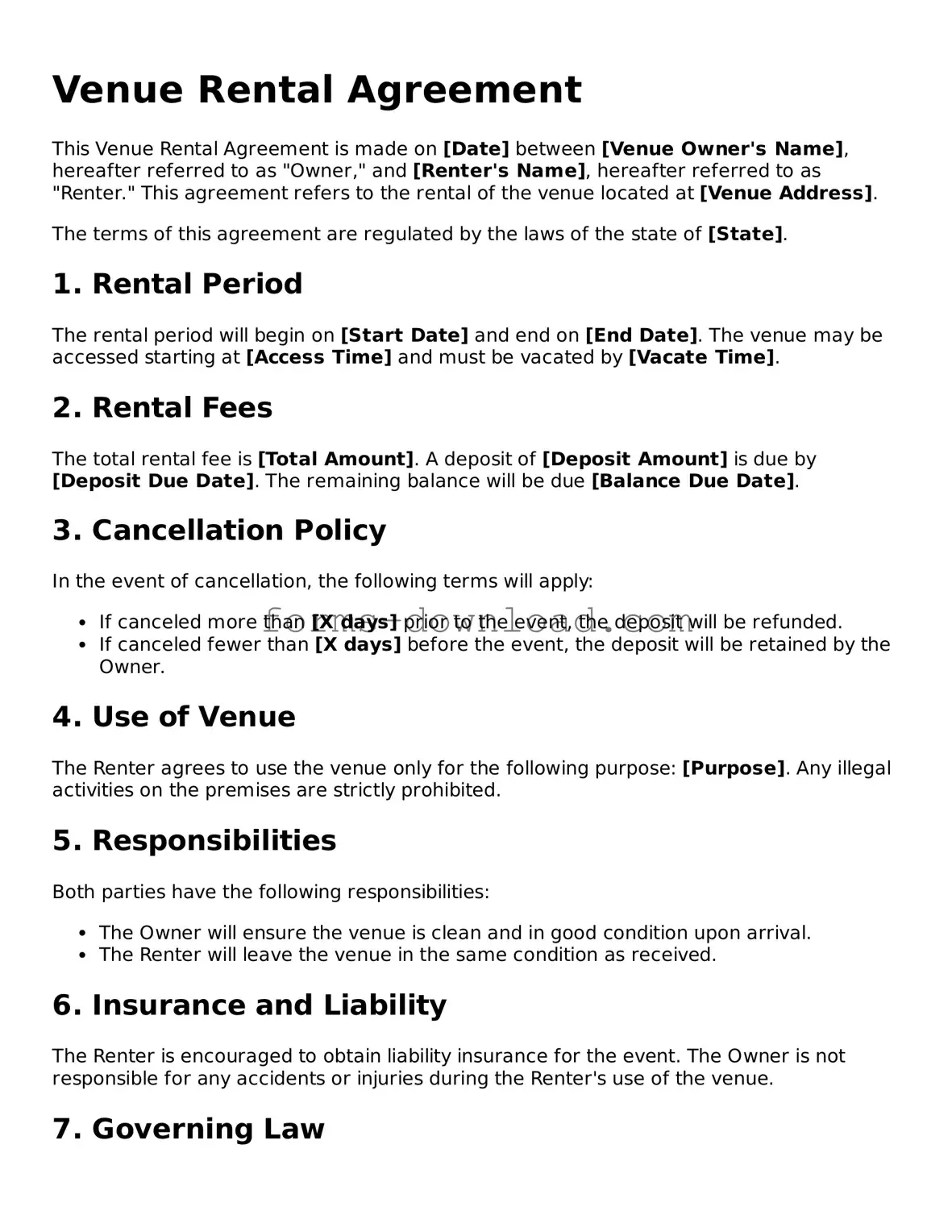 Fillable Venue Rental Agreement Form