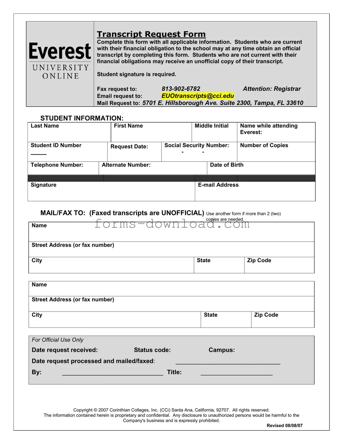 Blank Everest University Transcript Form