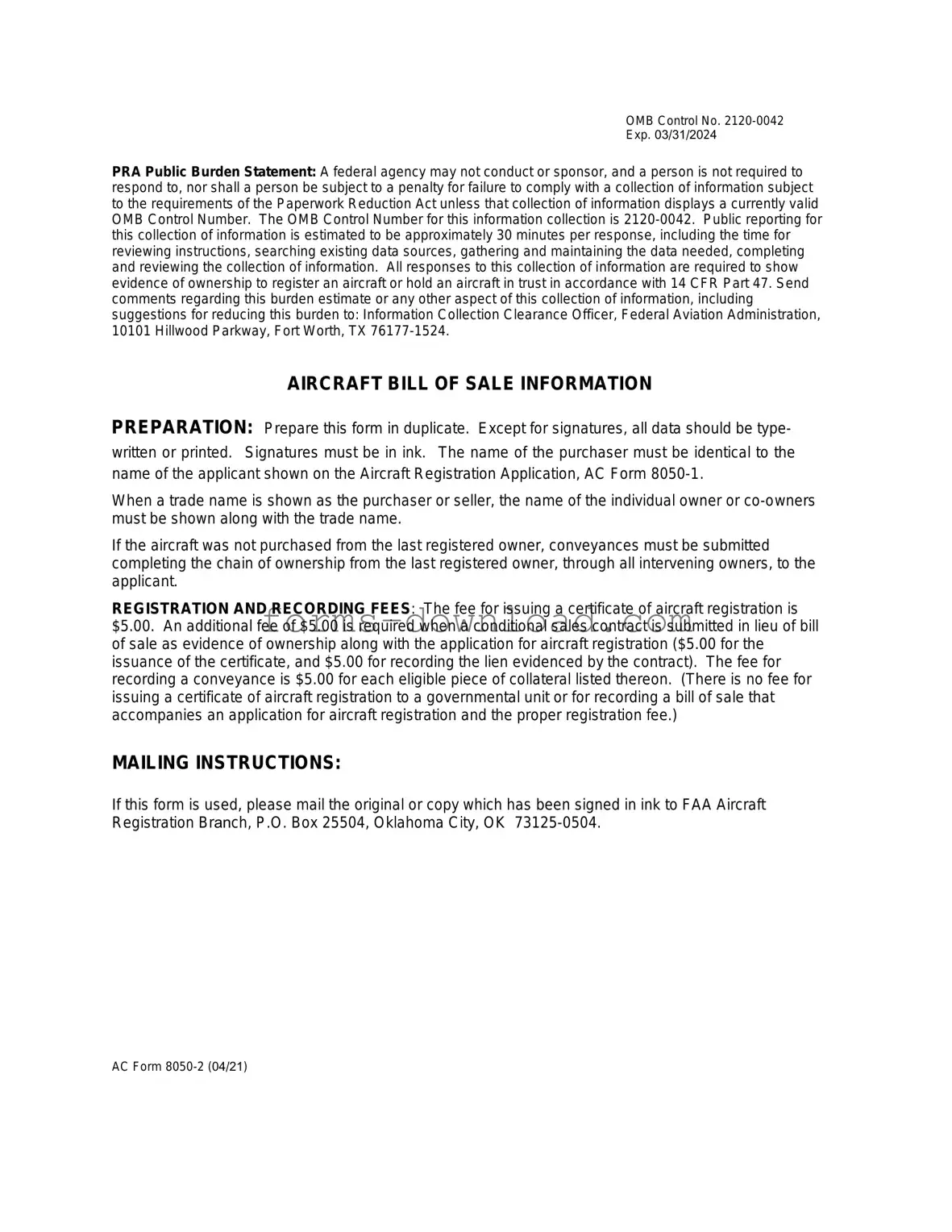 Blank Aircraft Bill of Sale AC 8050-2 Form