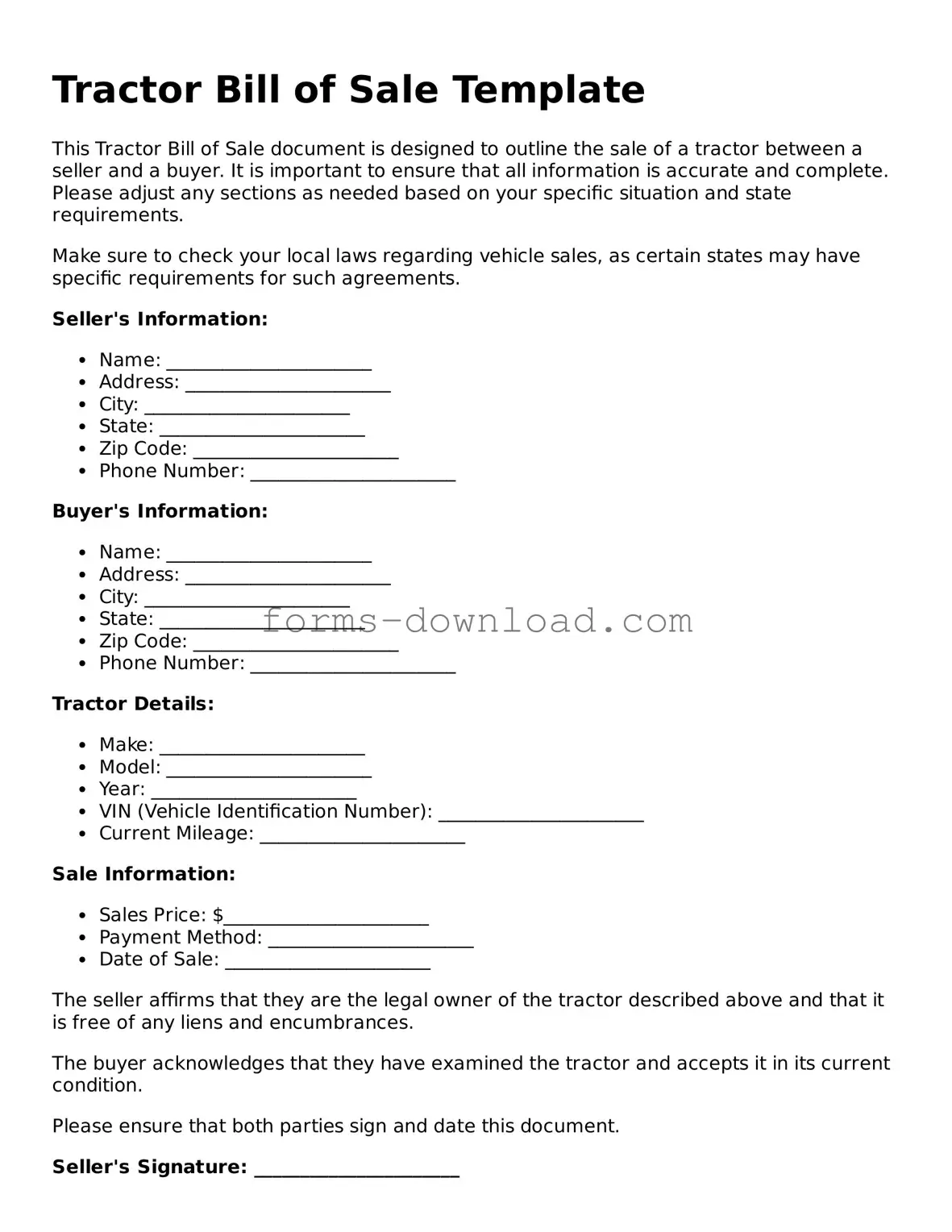 Fillable Tractor Bill of Sale Form
