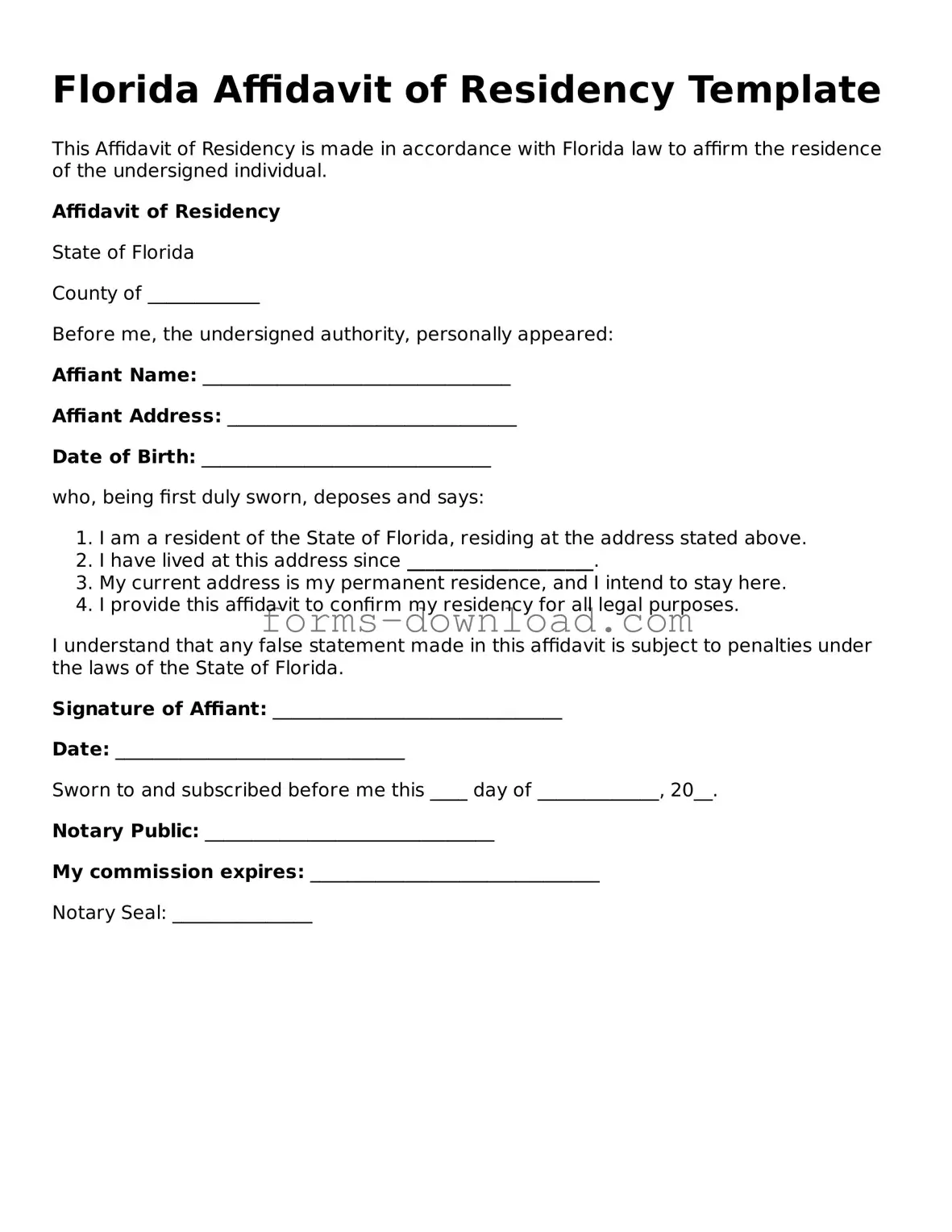 Attorney-Approved Affidavit of Residency Document for the State of Florida