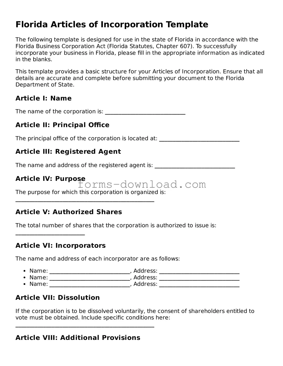 Attorney-Approved Articles of Incorporation Document for the State of Florida