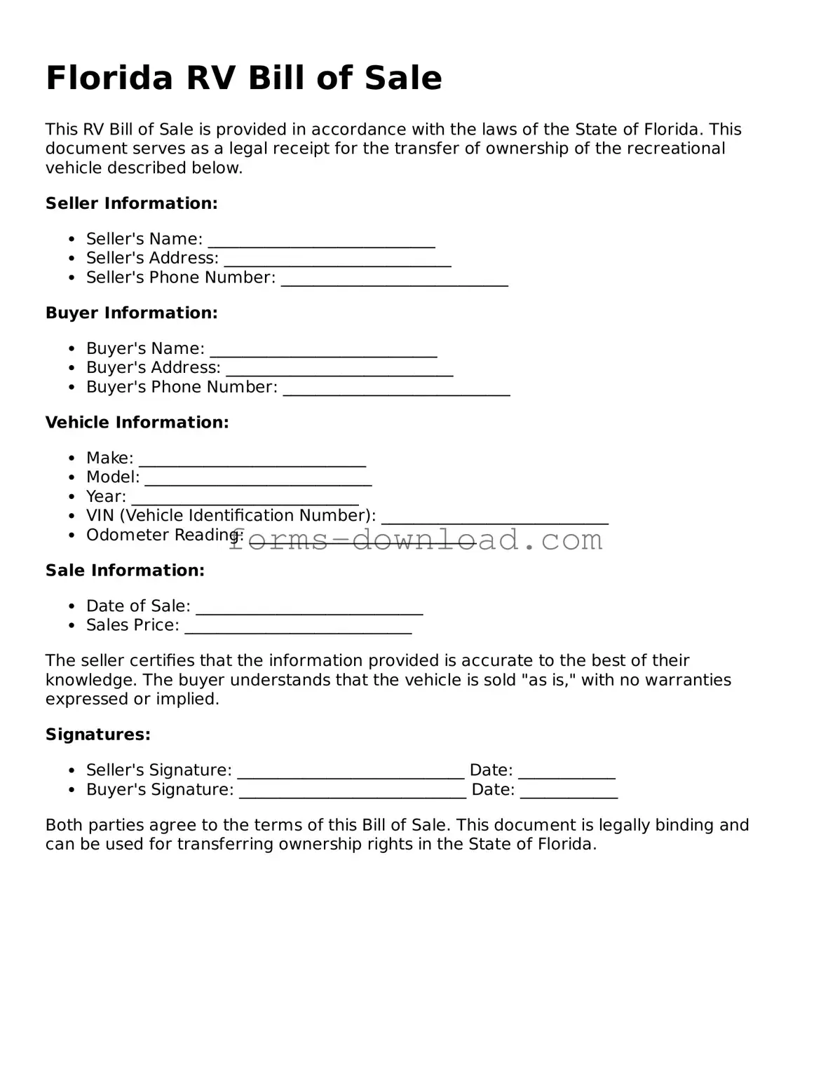 Attorney-Approved RV Bill of Sale Document for the State of Florida