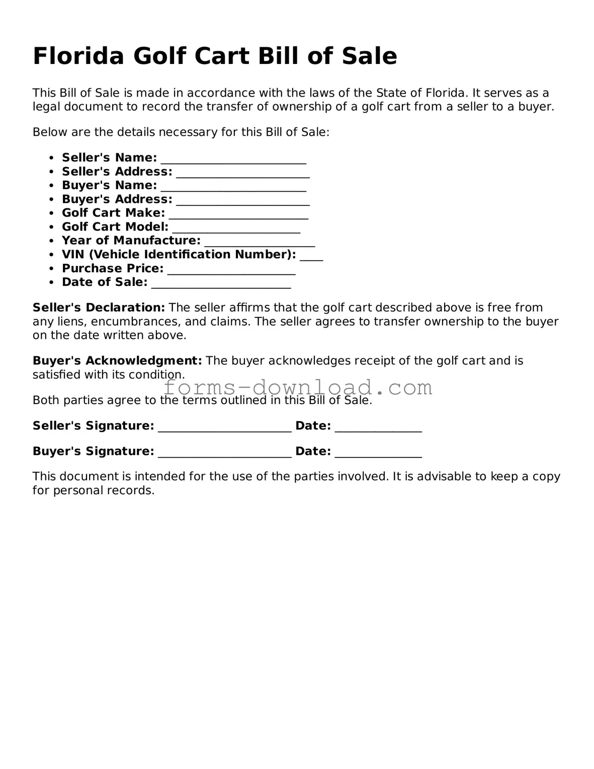 Attorney-Approved Golf Cart Bill of Sale Document for the State of Florida