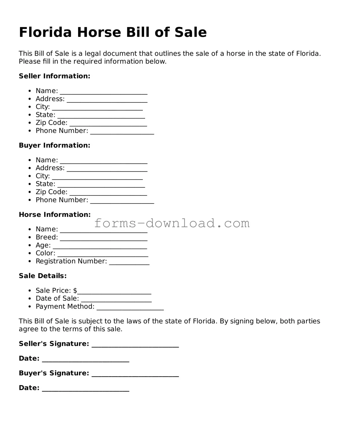 Attorney-Approved Horse Bill of Sale Document for the State of Florida