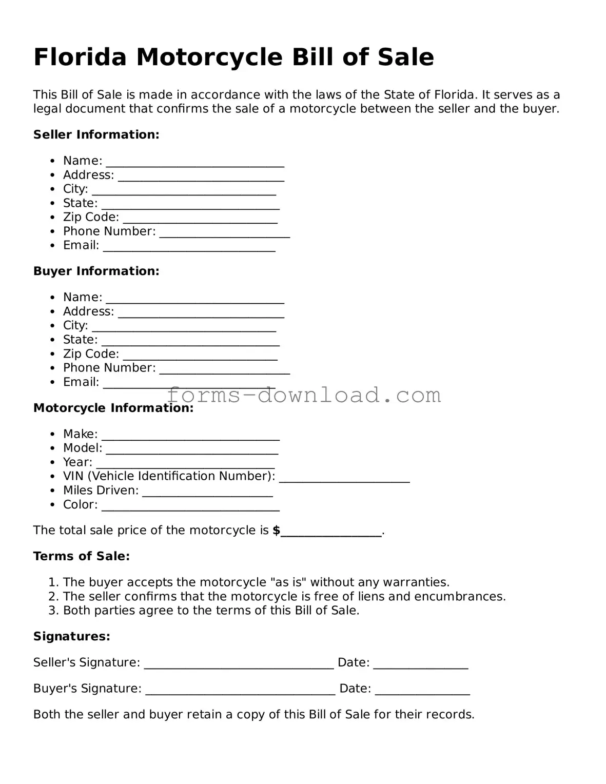 Attorney-Approved Motorcycle Bill of Sale Document for the State of Florida