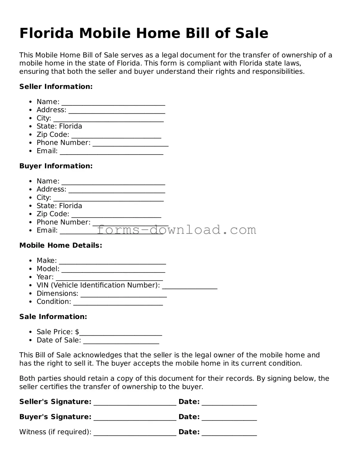 Attorney-Approved Mobile Home Bill of Sale Document for the State of Florida
