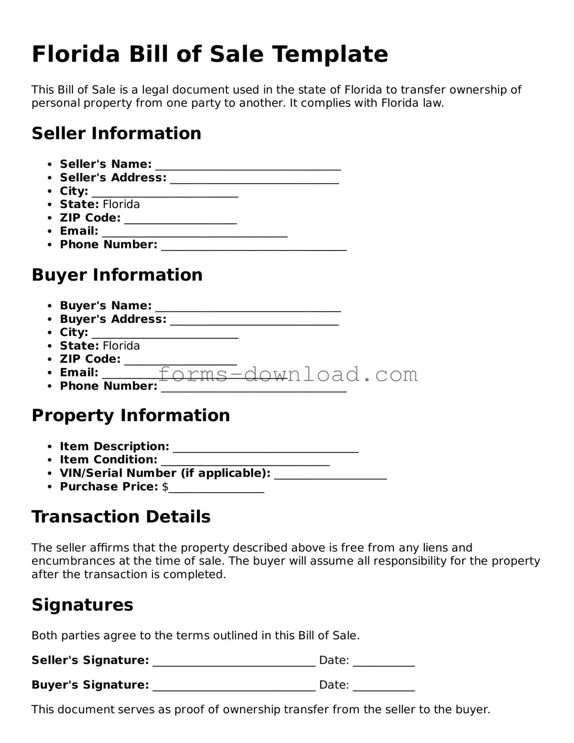 Attorney-Approved Bill of Sale Document for the State of Florida