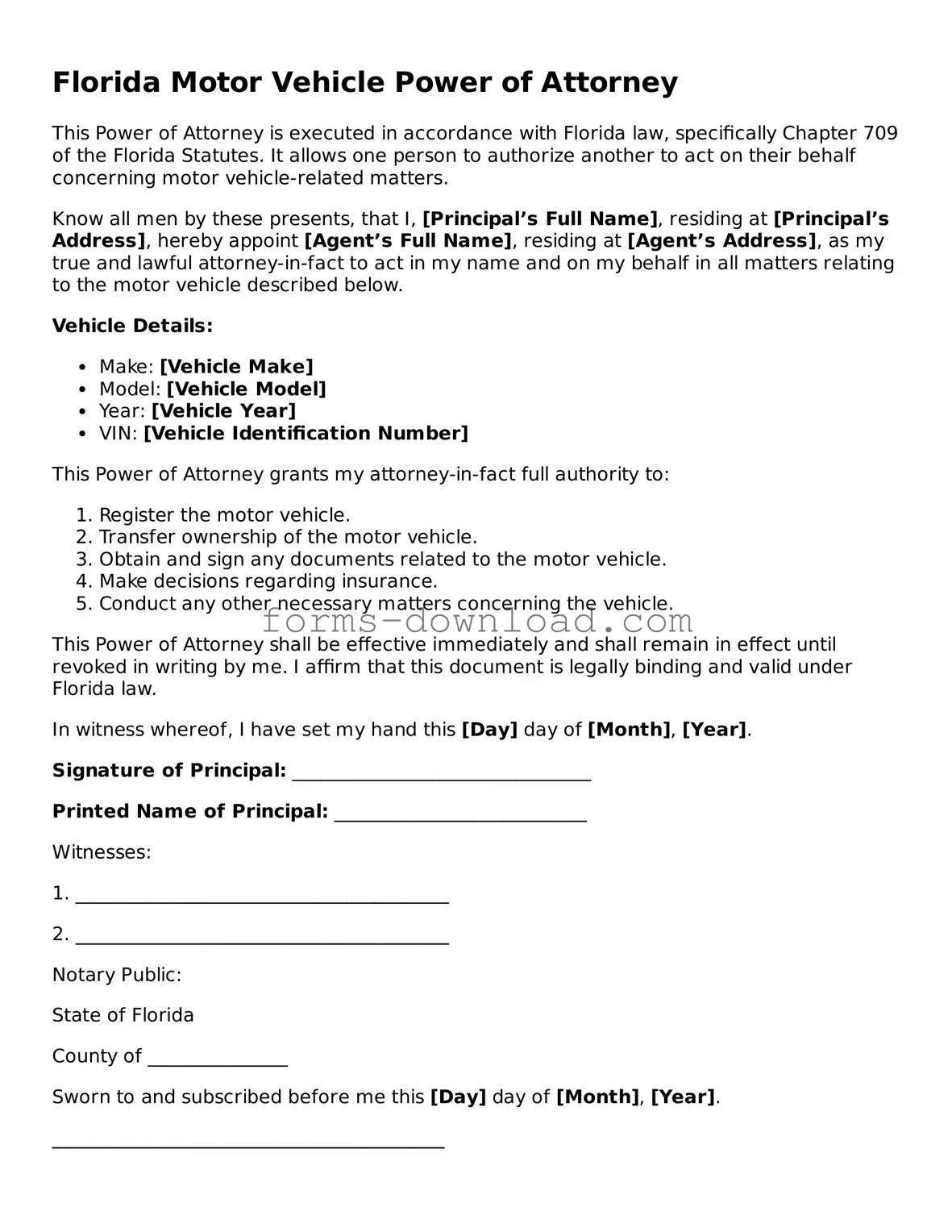 Attorney-Approved Motor Vehicle Power of Attorney Document for the State of Florida