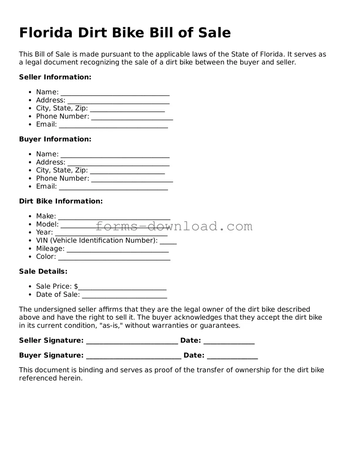 Attorney-Approved Dirt Bike Bill of Sale Document for the State of Florida