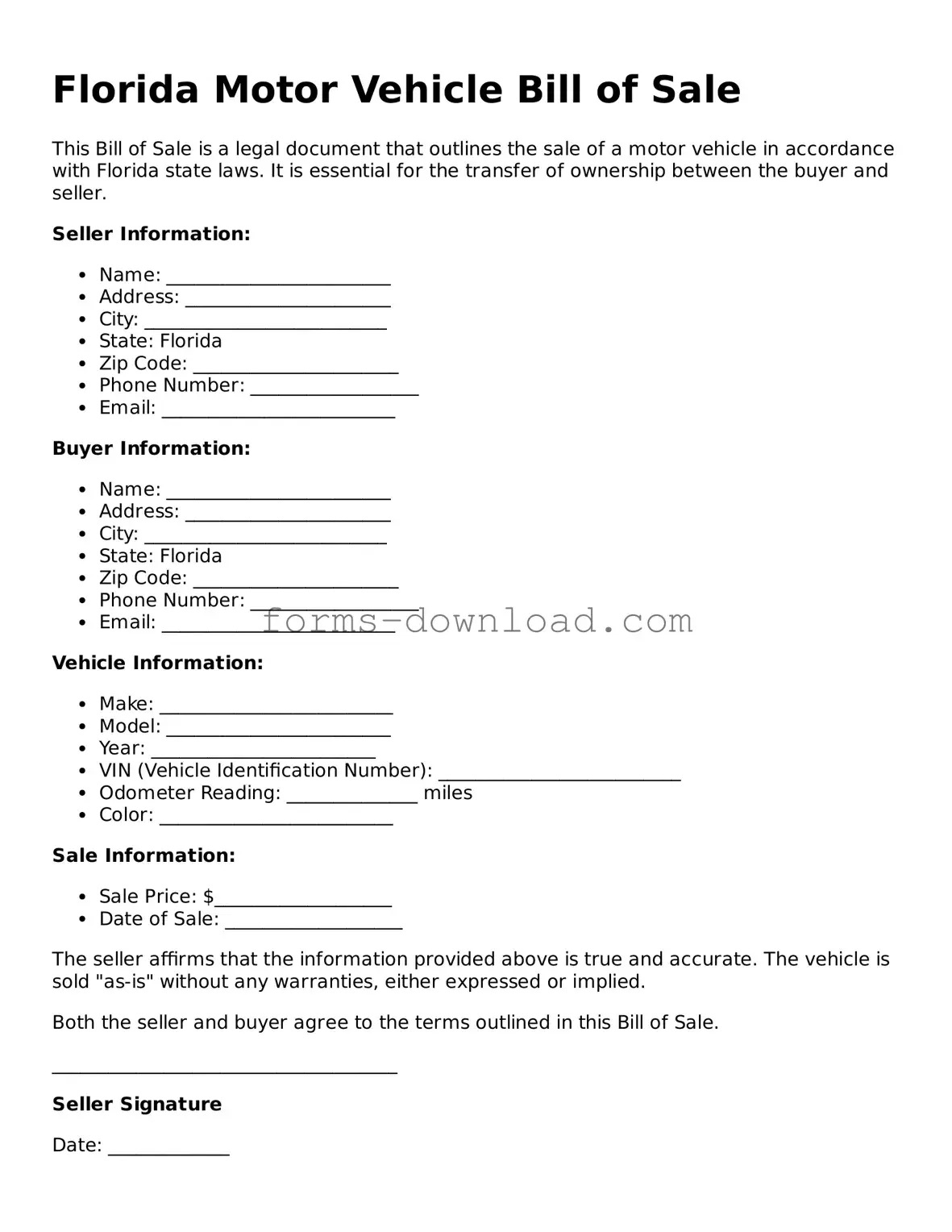 Attorney-Approved Motor Vehicle Bill of Sale Document for the State of Florida