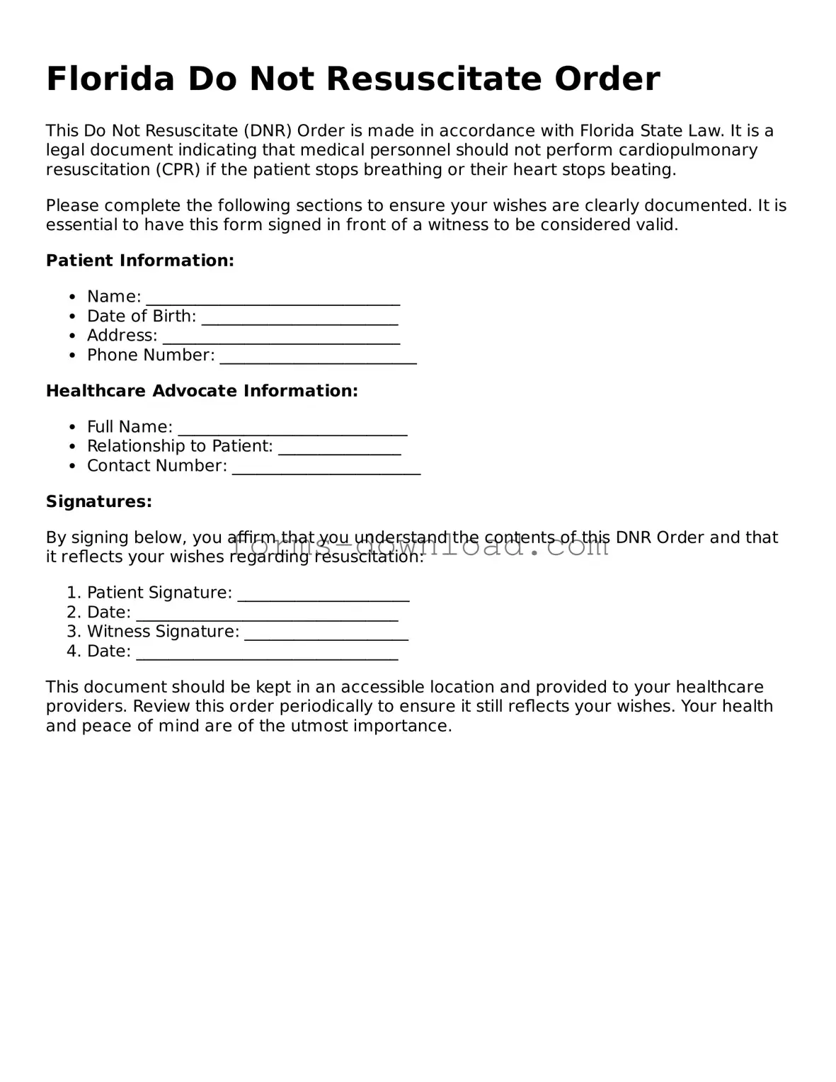 Attorney-Approved Do Not Resuscitate Order Document for the State of Florida