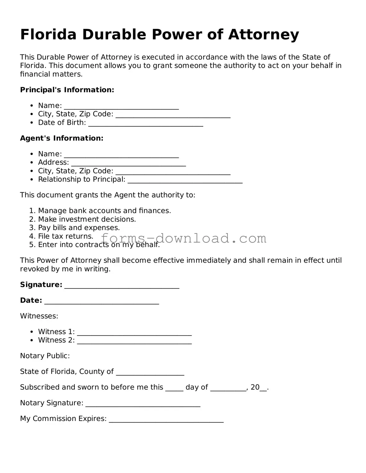 Attorney-Approved Durable Power of Attorney Document for the State of Florida