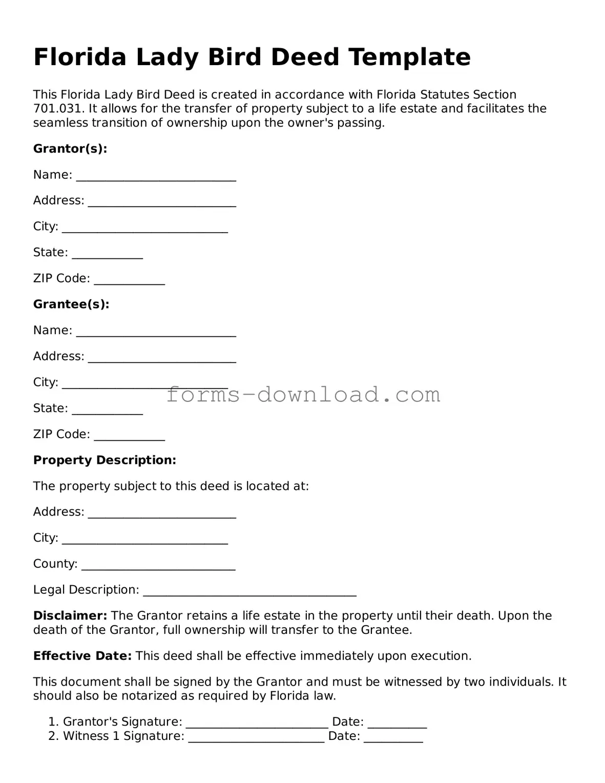 Attorney-Approved Lady Bird Deed Document for the State of Florida