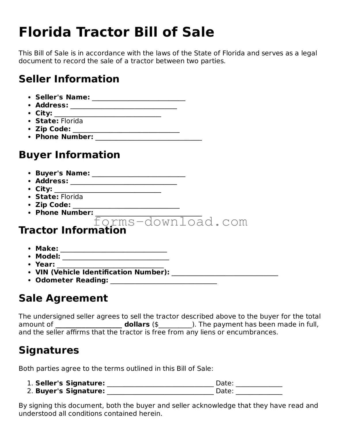 Attorney-Approved Tractor Bill of Sale Document for the State of Florida