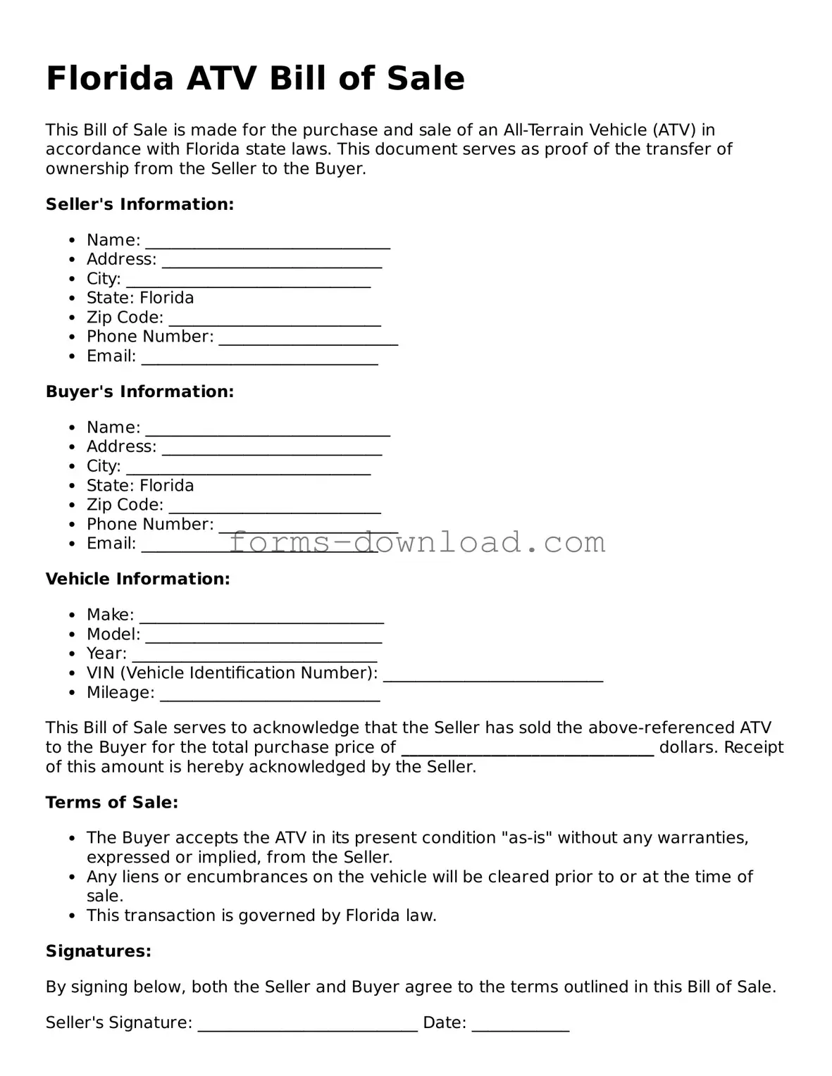 Attorney-Approved ATV Bill of Sale Document for the State of Florida