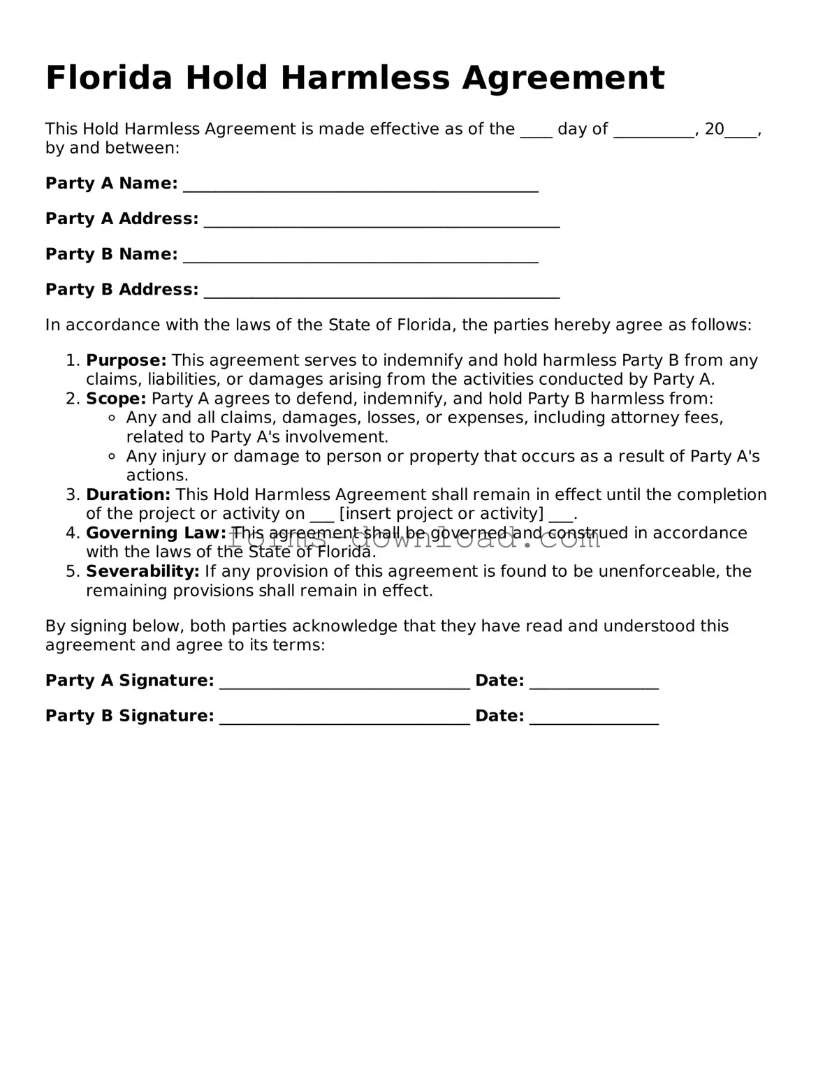 Attorney-Approved Hold Harmless Agreement Document for the State of Florida