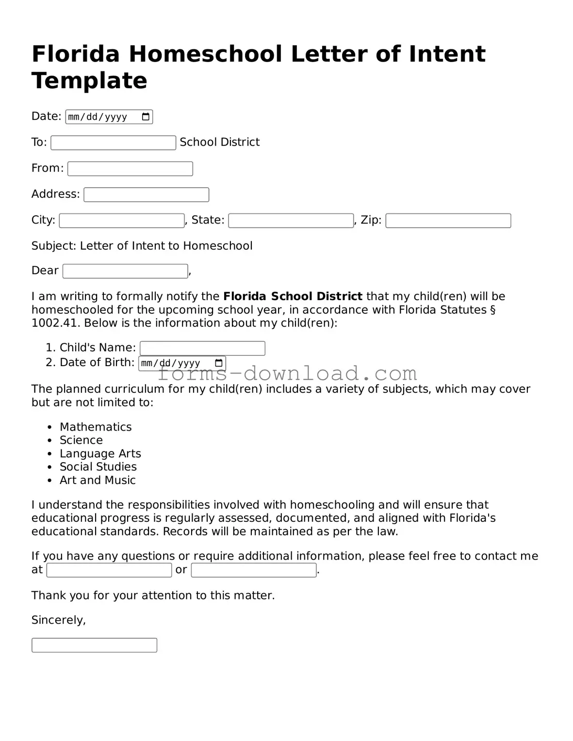 Attorney-Approved Homeschool Letter of Intent Document for the State of Florida