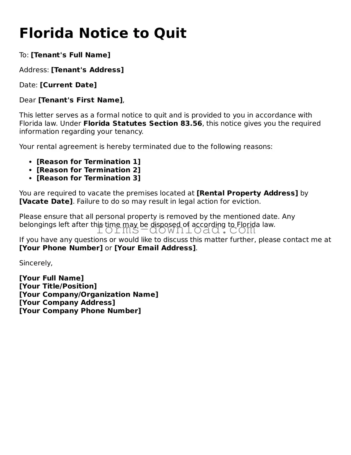 Attorney-Approved Notice to Quit Document for the State of Florida