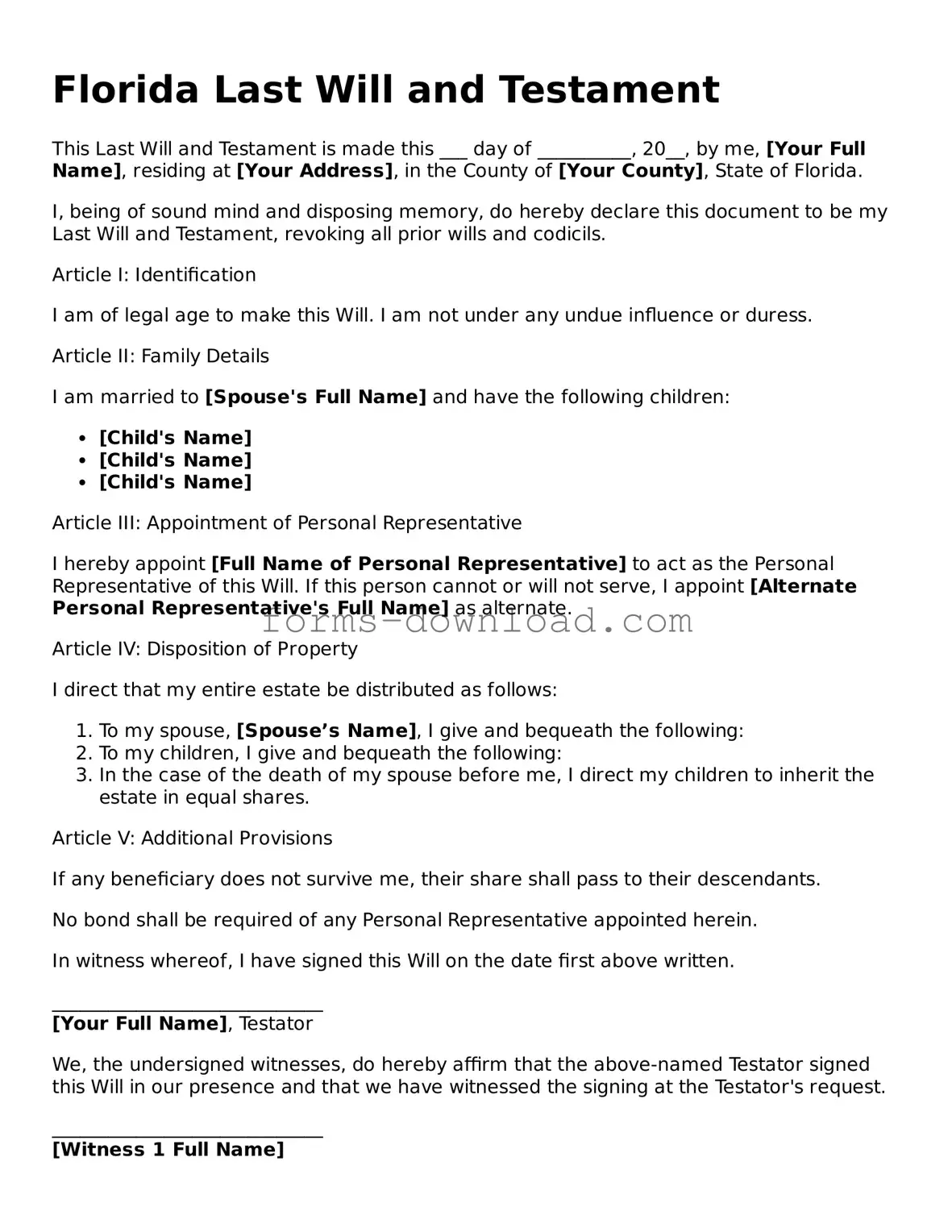 Attorney-Approved Last Will and Testament Document for the State of Florida