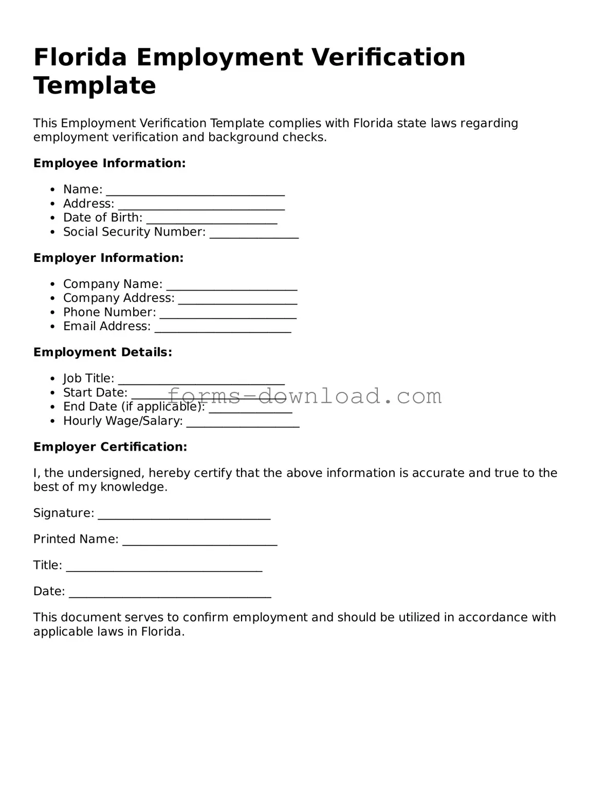 Attorney-Approved Employment Verification Document for the State of Florida