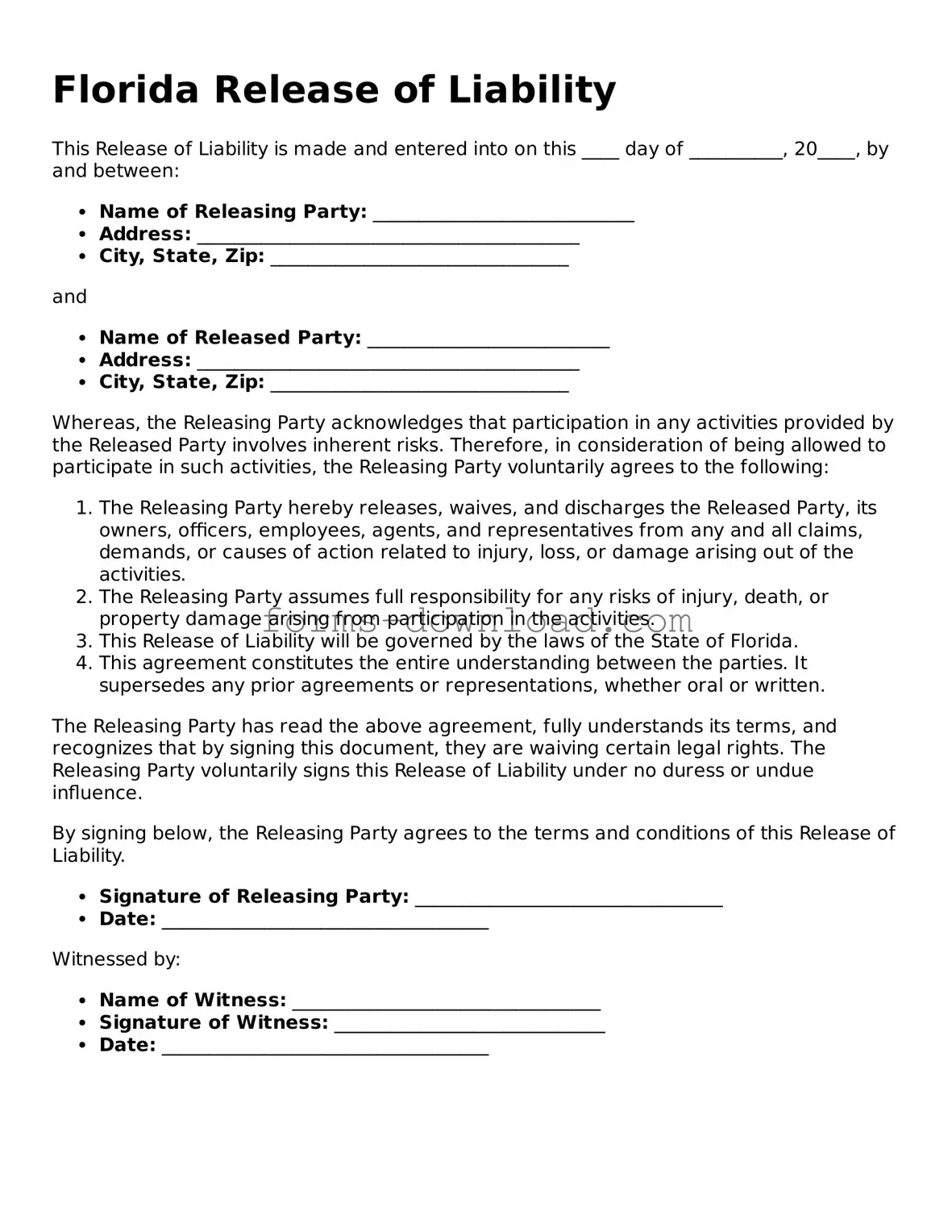 Attorney-Approved Release of Liability Document for the State of Florida