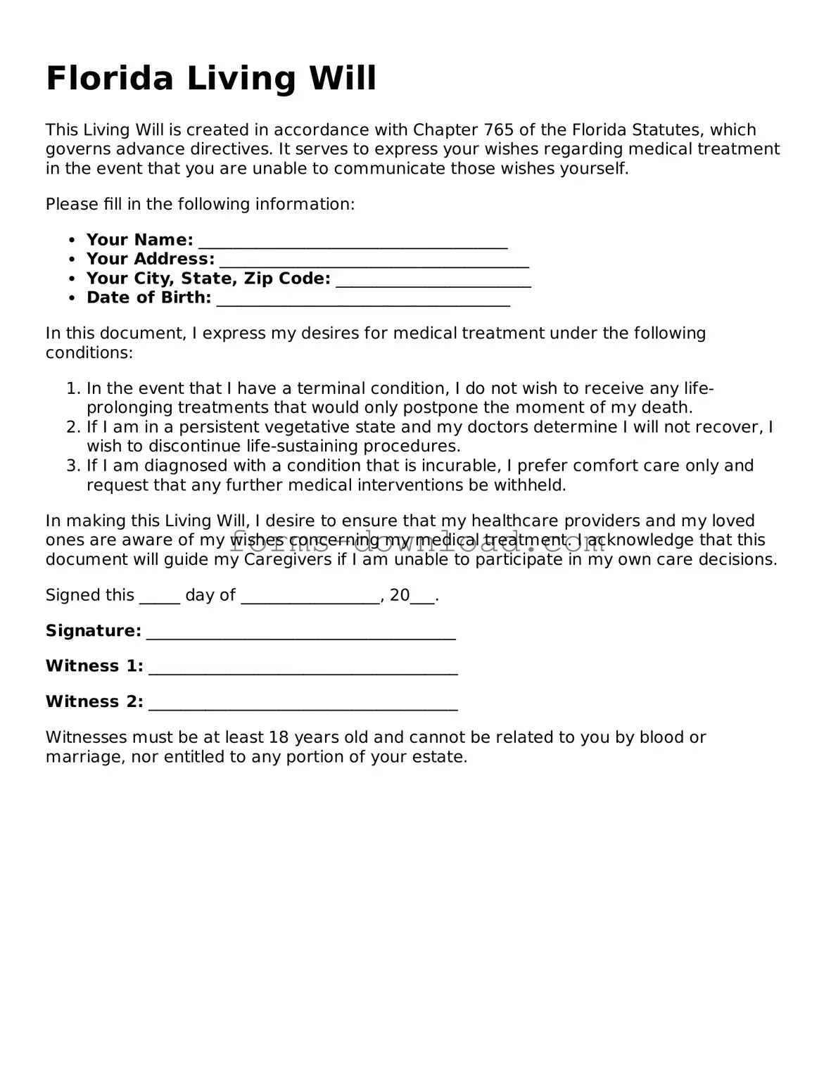 Attorney-Approved Living Will Document for the State of Florida
