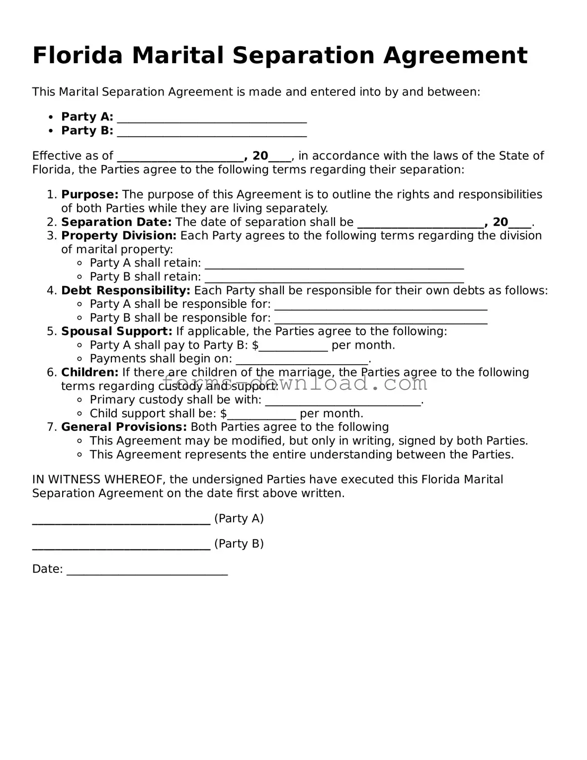 Attorney-Approved Marital Separation Agreement Document for the State of Florida