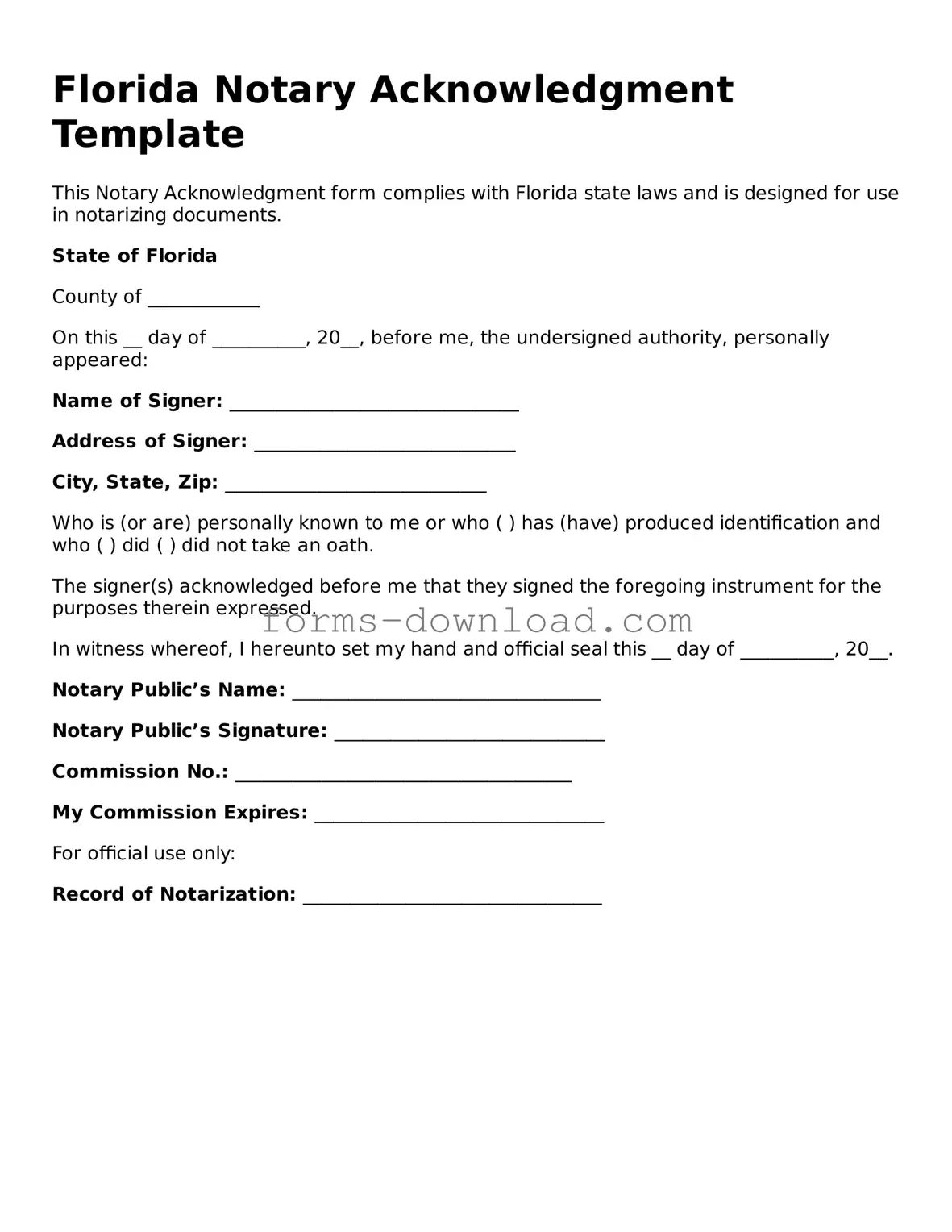 Attorney-Approved Notary Acknowledgement Document for the State of Florida