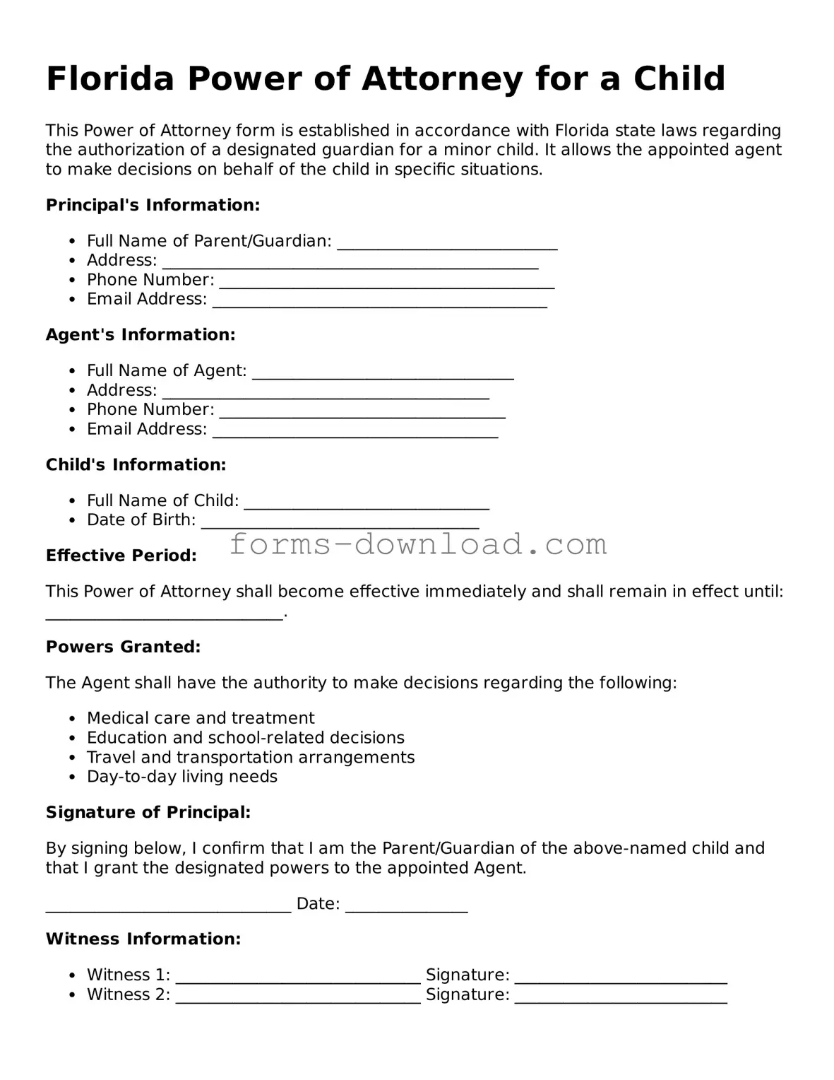 Attorney-Approved Power of Attorney for a Child Document for the State of Florida