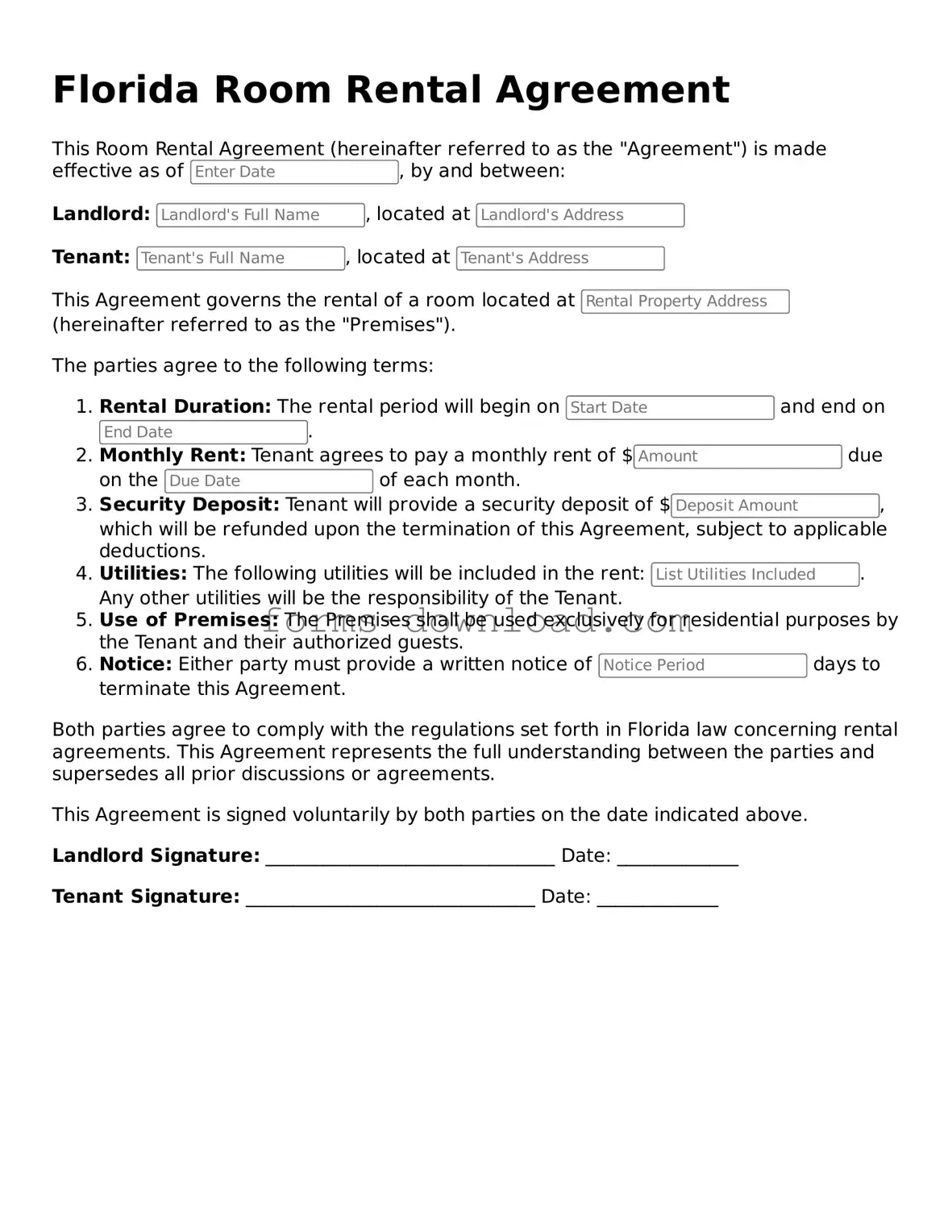 Attorney-Approved Room Rental Agreement Document for the State of Florida