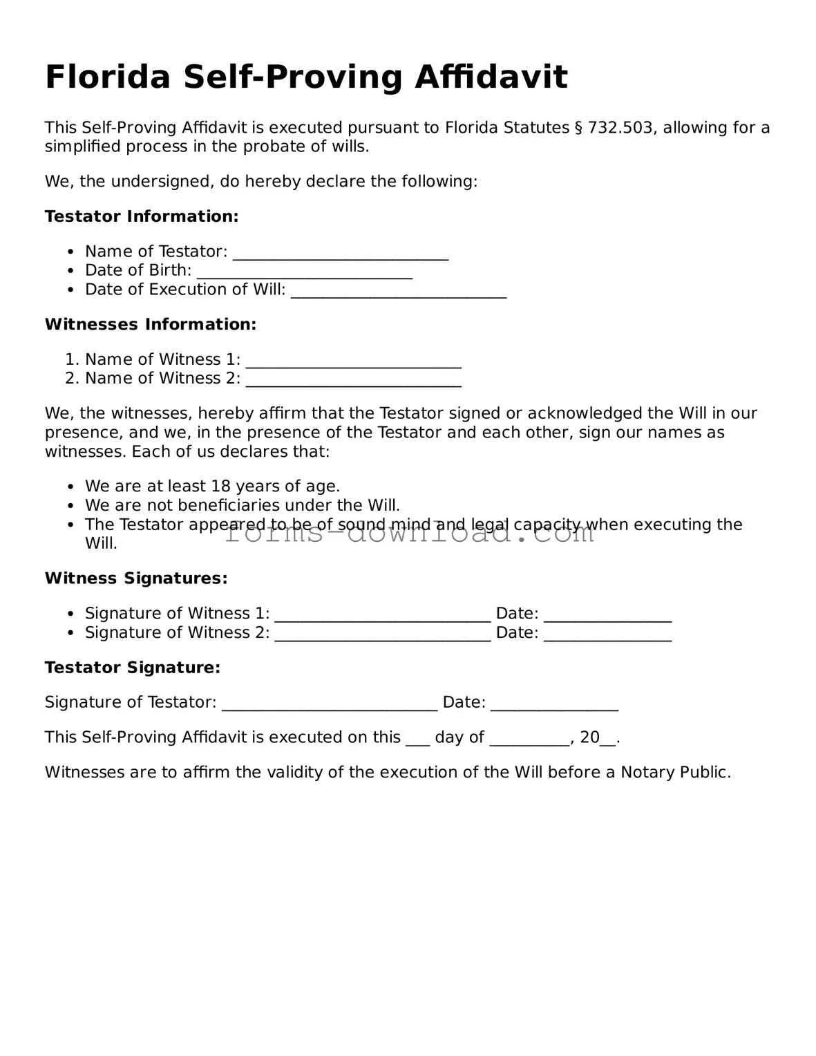 Attorney-Approved Self-Proving Affidavit Document for the State of Florida
