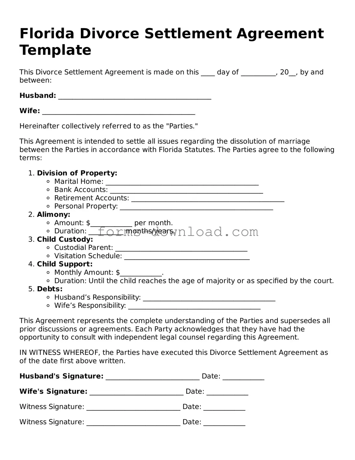 Attorney-Approved Divorce Settlement Agreement Document for the State of Florida
