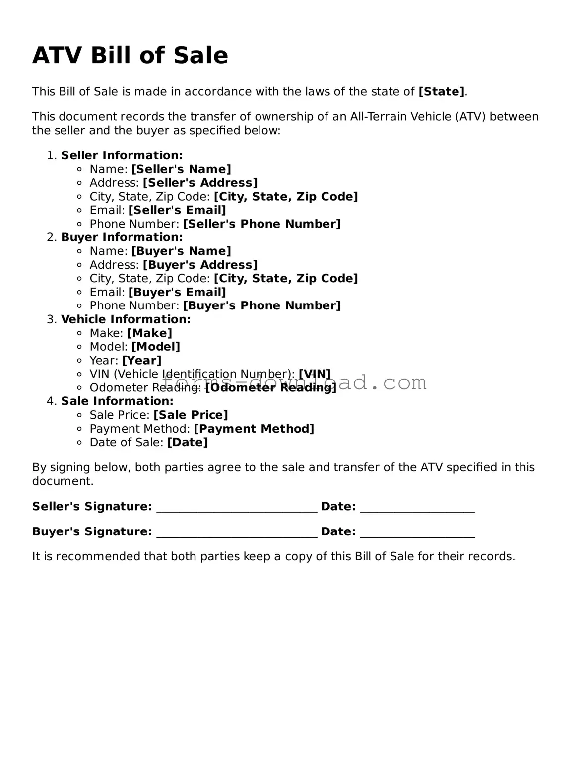 Fillable ATV Bill of Sale Form